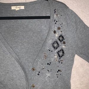Unique Gray Jewels and Pearl Decorated Cardigan